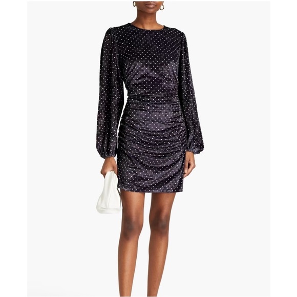 Ganni Velvet Ruched Polka Dot Mini Dress 36/4 Revolve Black White - Picture 1 of 14